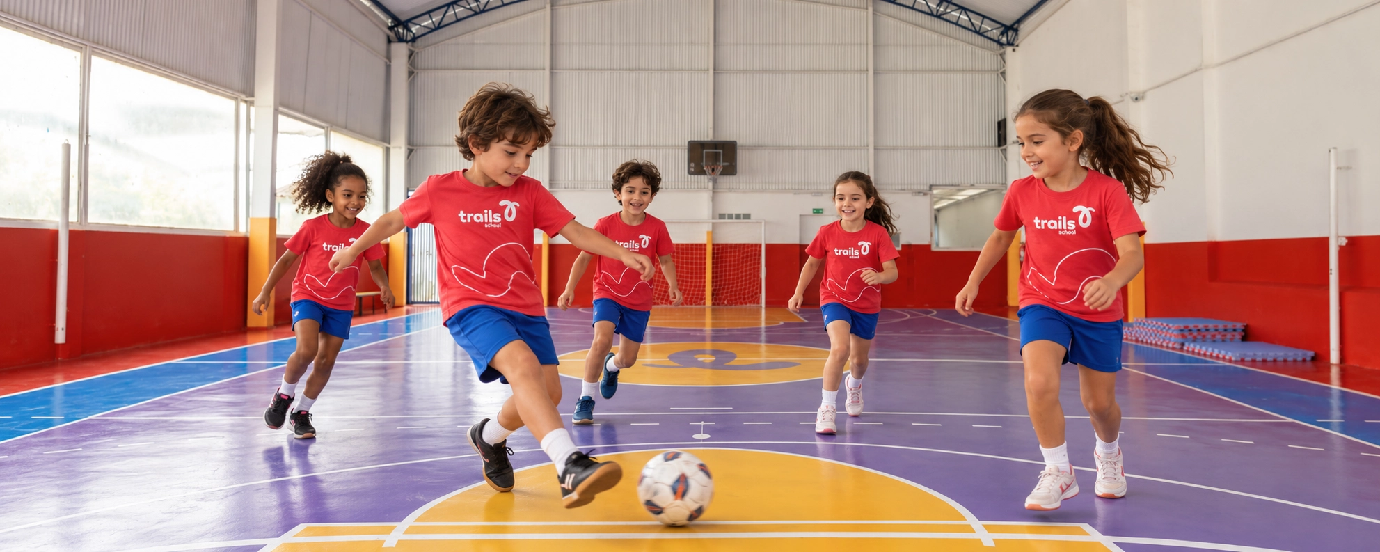 Alunos da Trails School jogando futsal na quadra coberta, no After School