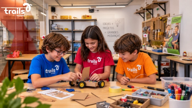 Alunos da Trails School em atividade prática no laboratório maker MundoMaker
