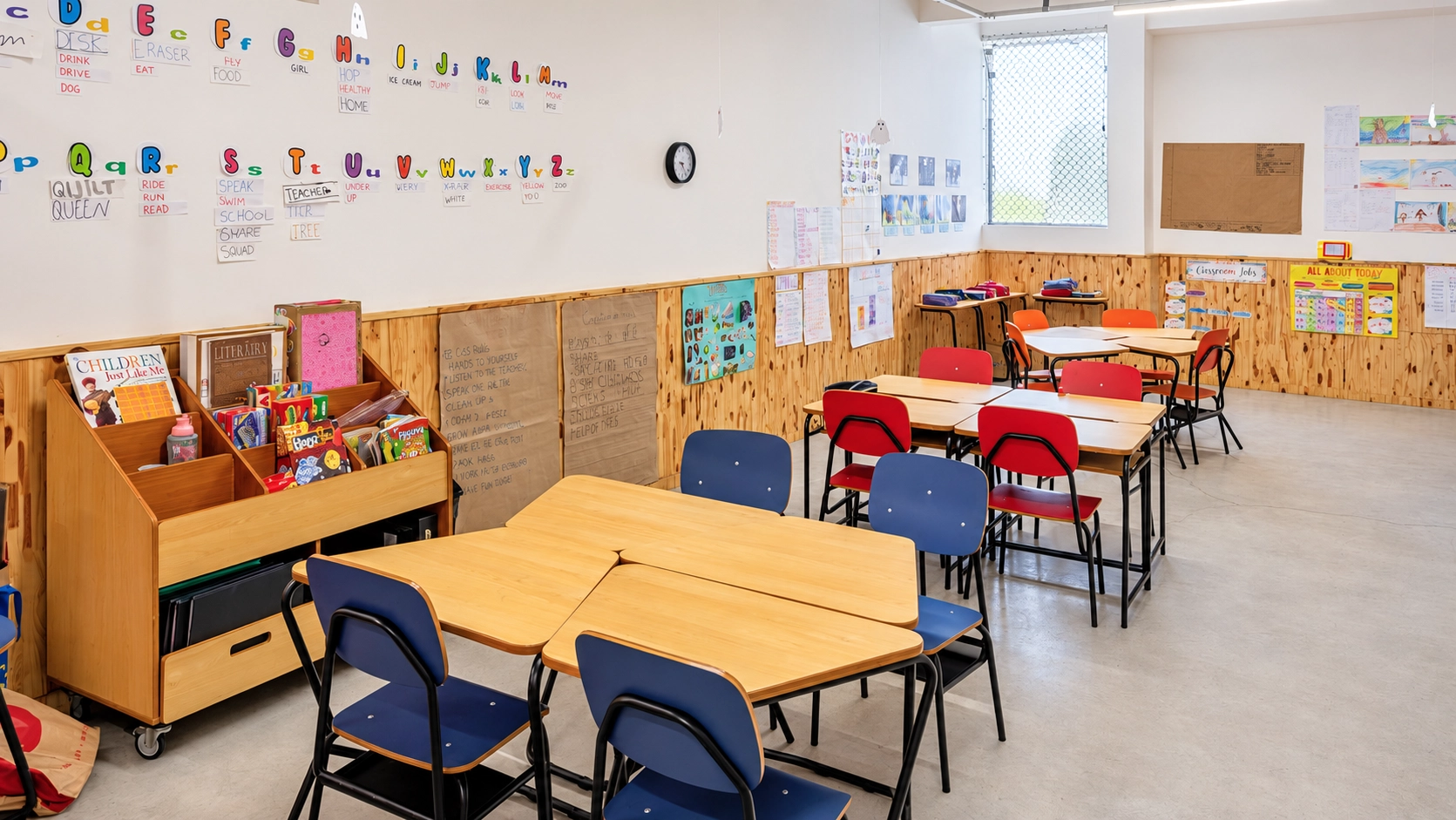 Sala de aula bilíngue da Trails School, com mesas em grupo, estante de livros e o alfabeto nas paredes