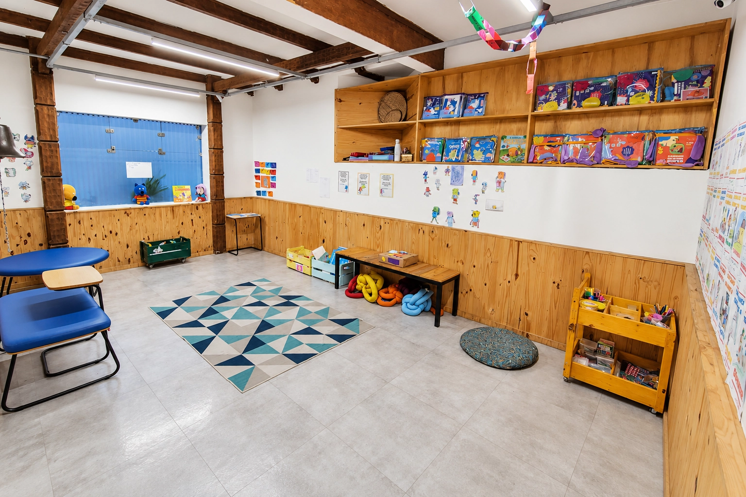 Sala do LIV na Trails School, com estantes de livros, tapete, almofadas e banco baixo